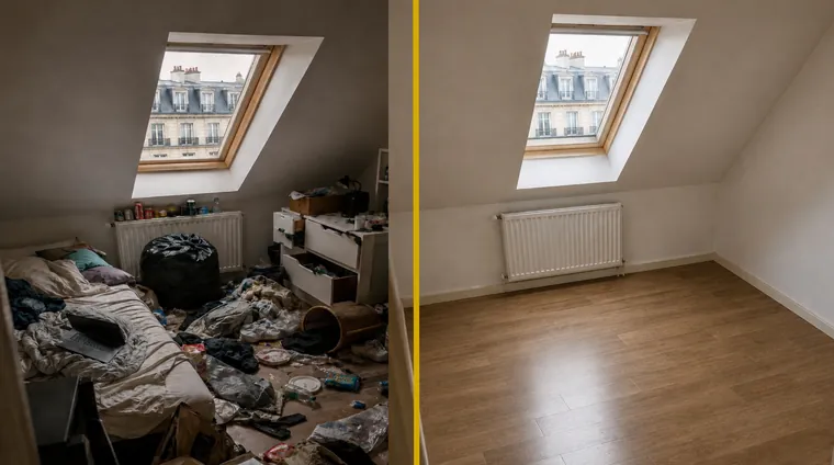 Débarras avant/après d'une cuisine à Paris 16e : électroménager et mobilier retirés, pièce dégagée