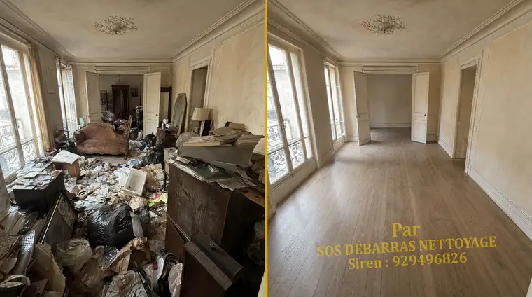 Débarras avant/après d'un appartement haussmannien à Paris 17e : pièce en enfilade encombrée de sacs et de meubles, entièrement vidée sous les moulures et la rosace