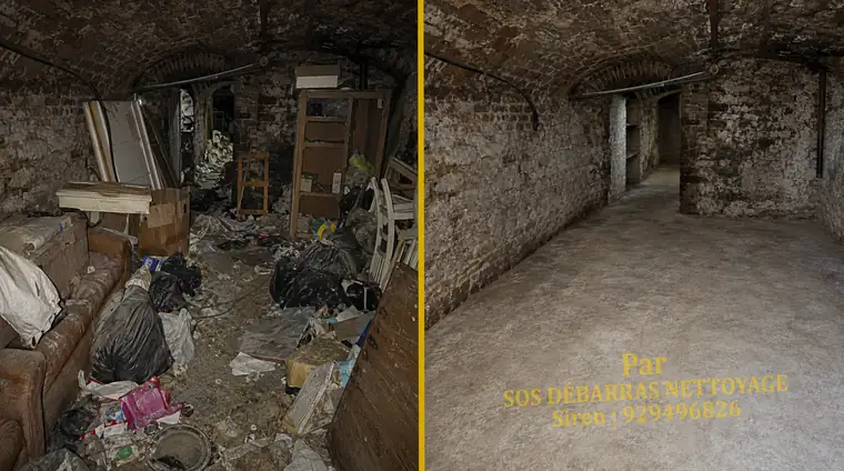 Débarras avant/après d'une cave voûtée en pierre à Paris 17e : encombrants, planches et sacs évacués, couloir voûté rendu praticable