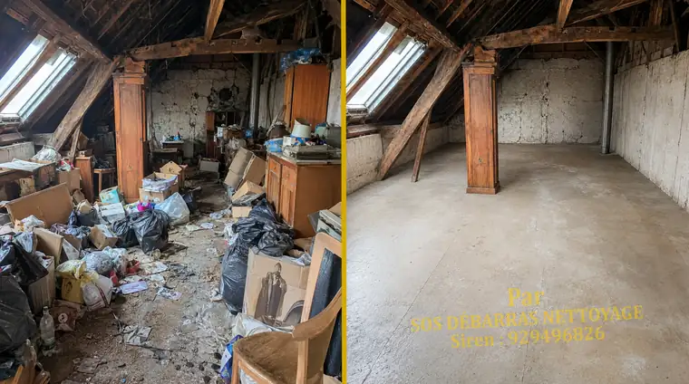 Débarras avant/après d'un comble sous charpente à Paris 17e : cartons, sacs et mobilier retirés entre les poutres, sol dégagé sous les fenêtres de toit