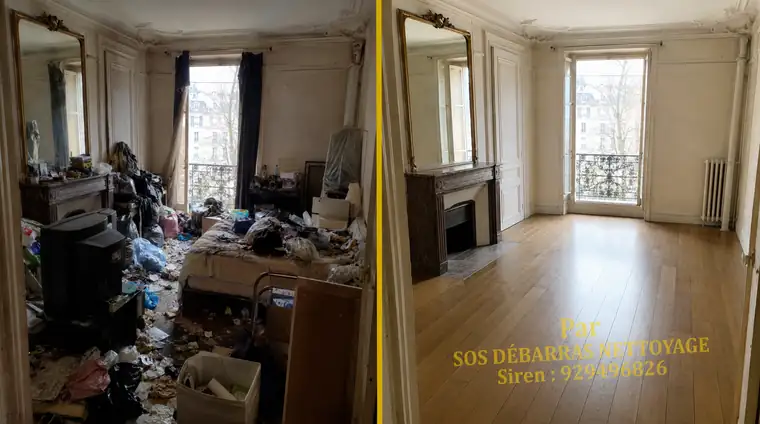 Débarras avant/après du salon d'un appartement à Paris 17e : téléviseur, meubles et affaires évacués, cheminée de marbre et radiateur en fonte dégagés