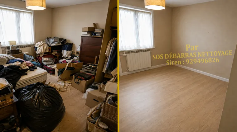 Débarras avant/après d'un appartement à Paris 18e : mobilier et cartons évacués, pièce nettoyée