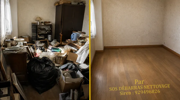 Débarras avant/après d'une chambre à Paris 18e : lit, armoire et affaires retirés, pièce vidée