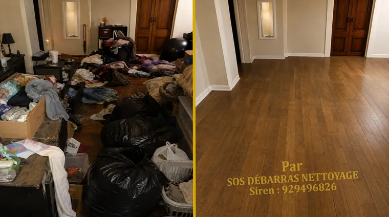 Débarras avant/après d'un appartement à Paris 19e : mobilier et cartons évacués, pièce nettoyée