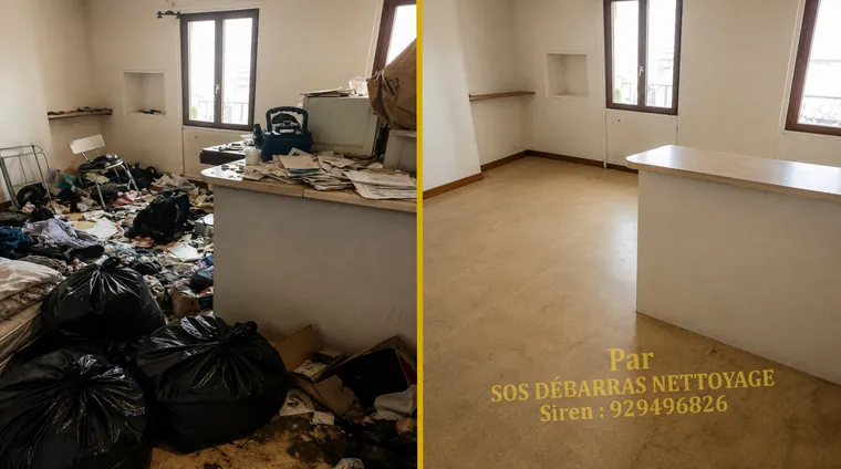 Débarras avant/après d'un séjour à Paris 19e : meubles et affaires retirés, sol dégagé
