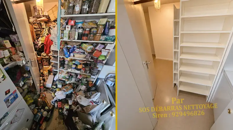 Débarras avant/après du cellier d'un appartement à Paris 4e : étagères saturées de provisions vidées et nettoyées