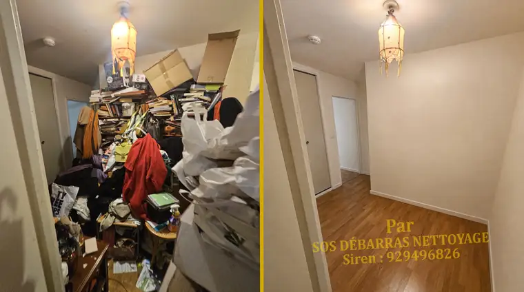 Débarras avant/après du couloir d'un appartement à Paris 4e : livres, cartons et vêtements empilés jusqu'au plafond, passage entièrement dégagé
