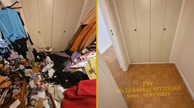 Débarras avant/après d'un dressing d'appartement à Paris 4e : vêtements et affaires évacués, parquet mosaïque retrouvé
