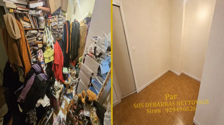 Débarras avant/après d'une pièce d'appartement à Paris 4e : livres, vêtements et sacs évacués, parquet ancien rendu visible