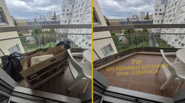 Débarras avant/après d'un balcon à Rueil-Malmaison : sacs et mobilier retirés, balcon dégagé avec vue sur la résidence