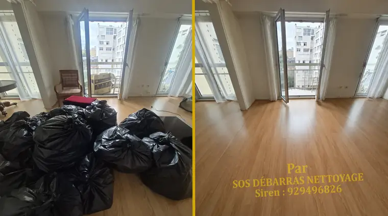 Débarras avant/après d'un séjour à Rueil-Malmaison : sacs et encombrants évacués, pièce lumineuse vidée et parquet dégagé