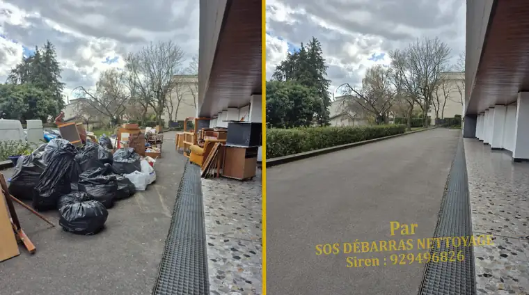Débarras avant/après d'encombrants déposés le long d'une résidence à Saint-Maur-des-Fossés : meubles et sacs enlevés, passage libéré