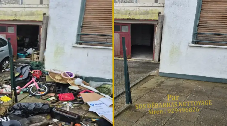 Débarras avant/après d'une cour et d'un garage de pavillon à Saint-Maur-des-Fossés : encombrants évacués et sol dallé dégagé
