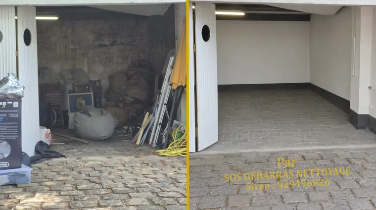Débarras avant/après d'une cave en pierre à Torcy : planches et gravats retirés sous la charpente, espace entièrement vidé