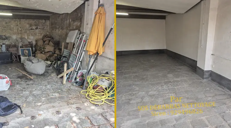 Débarras avant/après d'un garage de pavillon à Torcy : parasol, tuyau et planches retirés, garage entièrement vidé