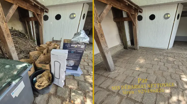 Débarras avant/après d'un sous-sol à Torcy sous poutres : bûches, cartons et poubelles évacués, sol pavé dégagé