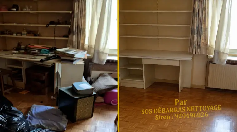 Débarras avant/après d'un bureau à Versailles : table de travail, papiers et cartons évacués, pièce entièrement dégagée