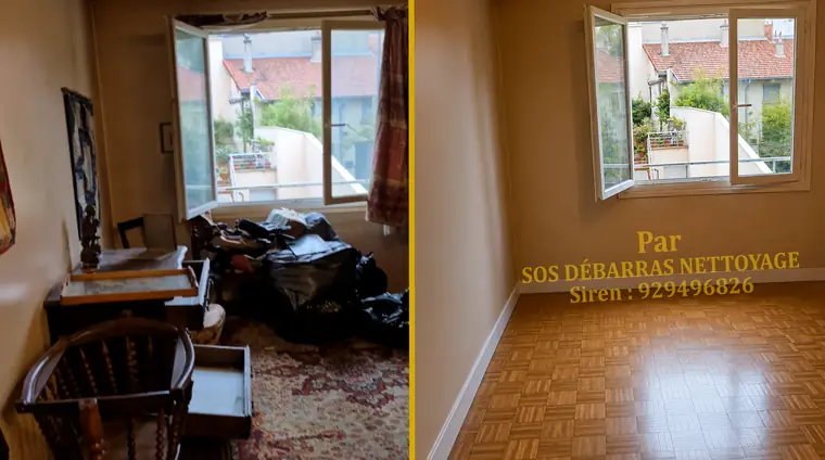 Débarras avant/après d'une chambre à Versailles : chaises, sacs et tapis évacués, parquet et fenêtre dégagés
