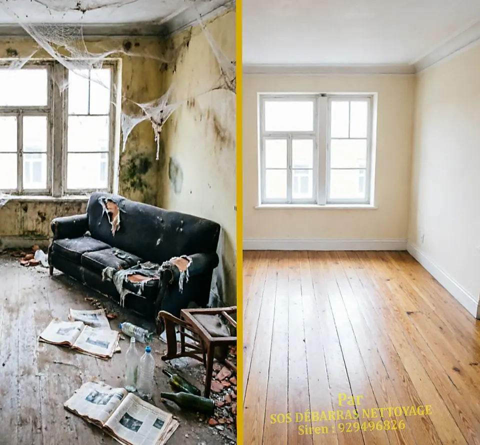 Avant / après d’un logement laissé à l’abandon dans un immeuble ancien : canapé éventré, moisissures et détritus à gauche, pièce entièrement vidée et parquet dégagé à droite