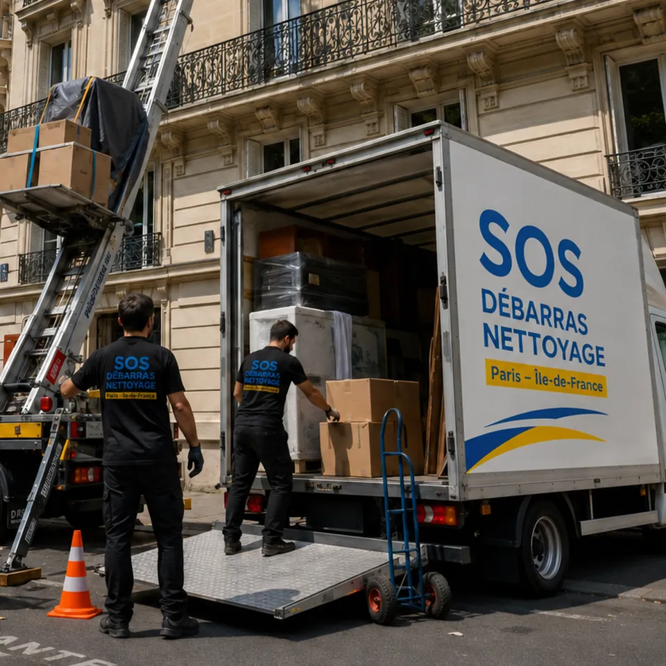 Deux intervenants de SOS Débarras Nettoyage chargent un camion et un monte-meubles lors d'un débarras d'appartement dans un immeuble haussmannien à Paris