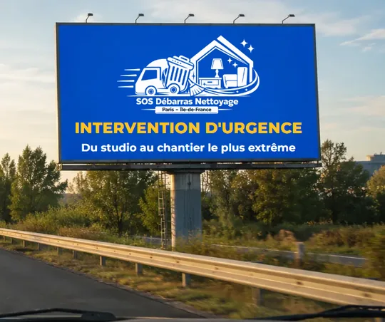 Panneau publicitaire au bord d'une autoroute d'Île-de-France annonçant une intervention d'urgence de SOS Débarras Nettoyage, du studio au chantier le plus extrême