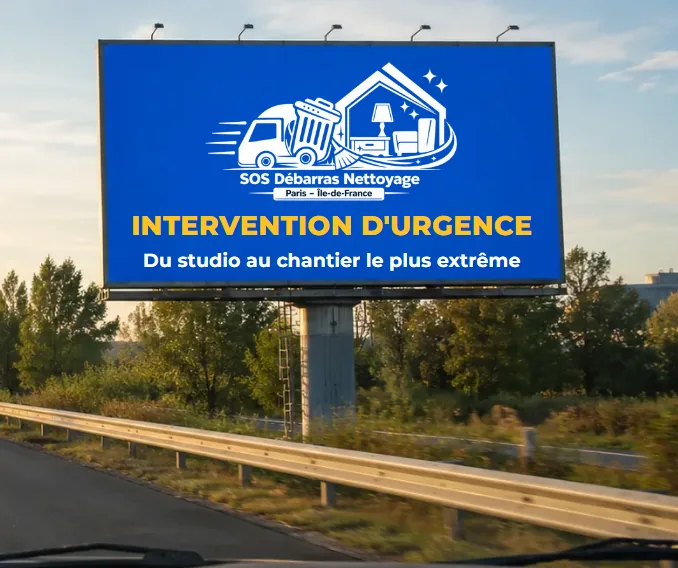 Panneau publicitaire au bord d’une autoroute d’Île-de-France annonçant une intervention d’urgence de SOS Débarras Nettoyage, du studio au chantier le plus extrême