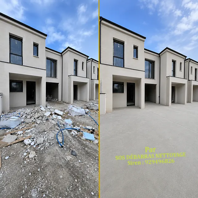 Avant / après d'un nettoyage de fin de chantier sur des maisons neuves : gravats au sol à gauche, dalle dégagée et propre à droite