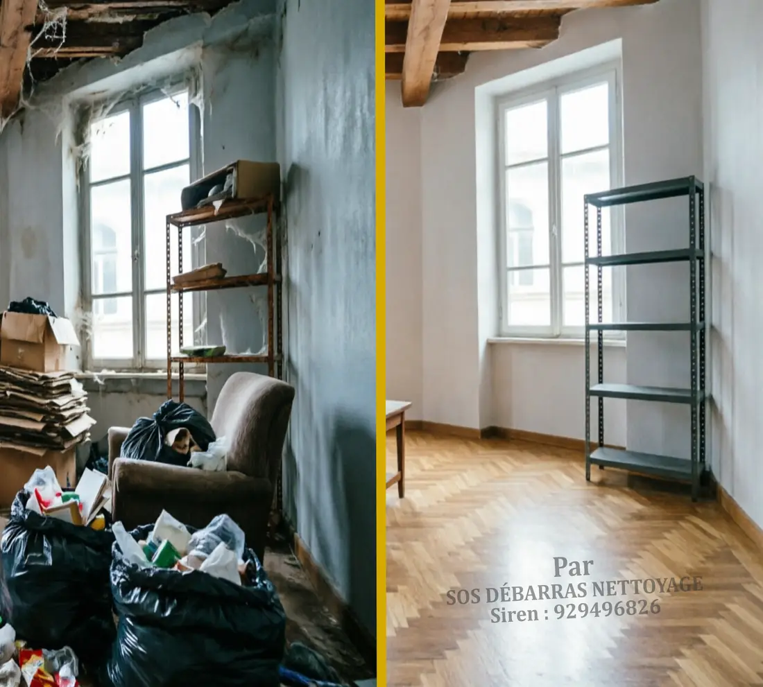 Débarras d’appartement à Paris : pièce encombrée de sacs et cartons vidée et nettoyée, avant / après