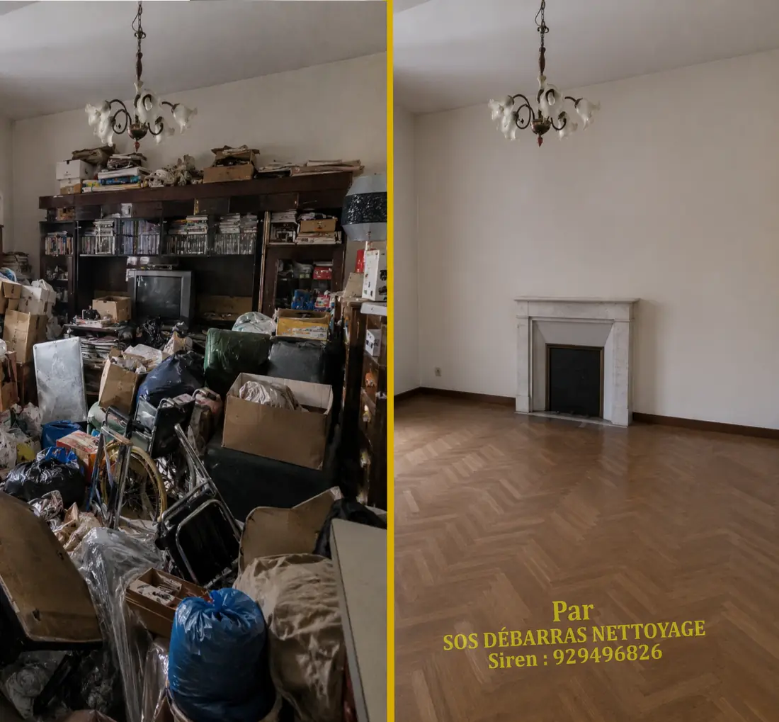 Débarras après décès d’un séjour saturé de meubles et de cartons, vidé et nettoyé, avant / après en Île-de-France
