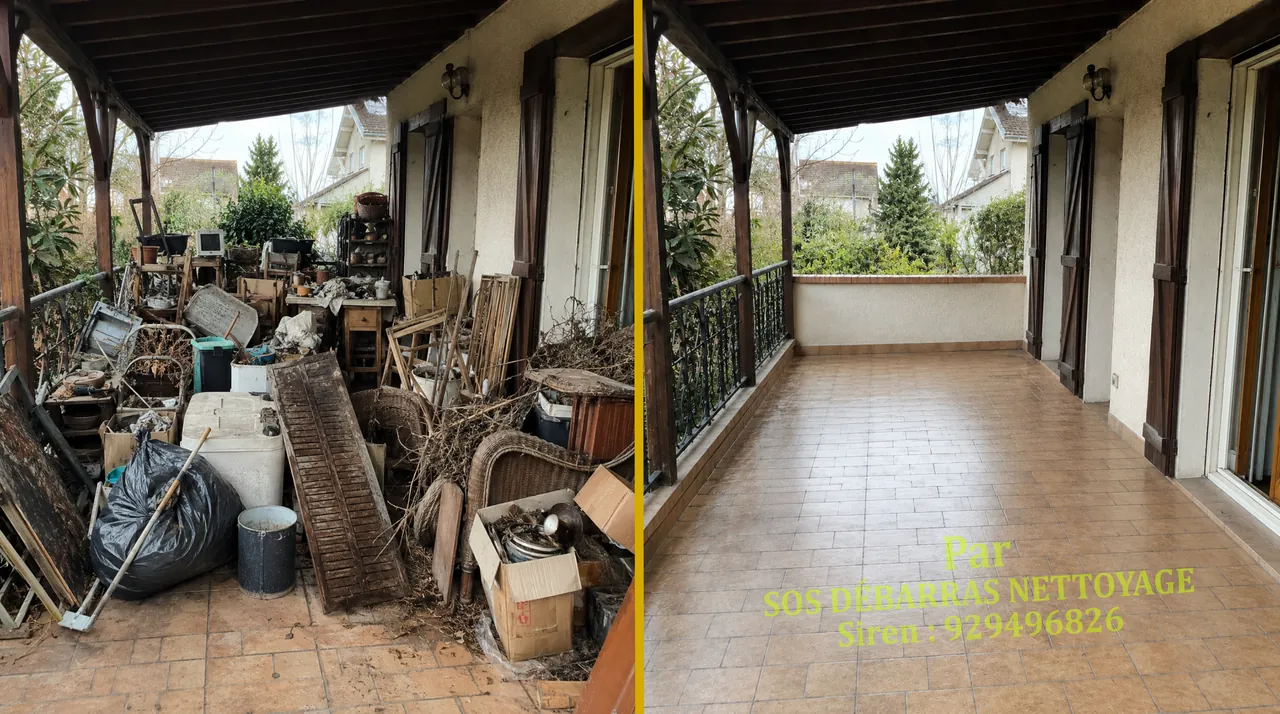 Débarras après décès d’une terrasse encombrée avant / après en Île-de-France
