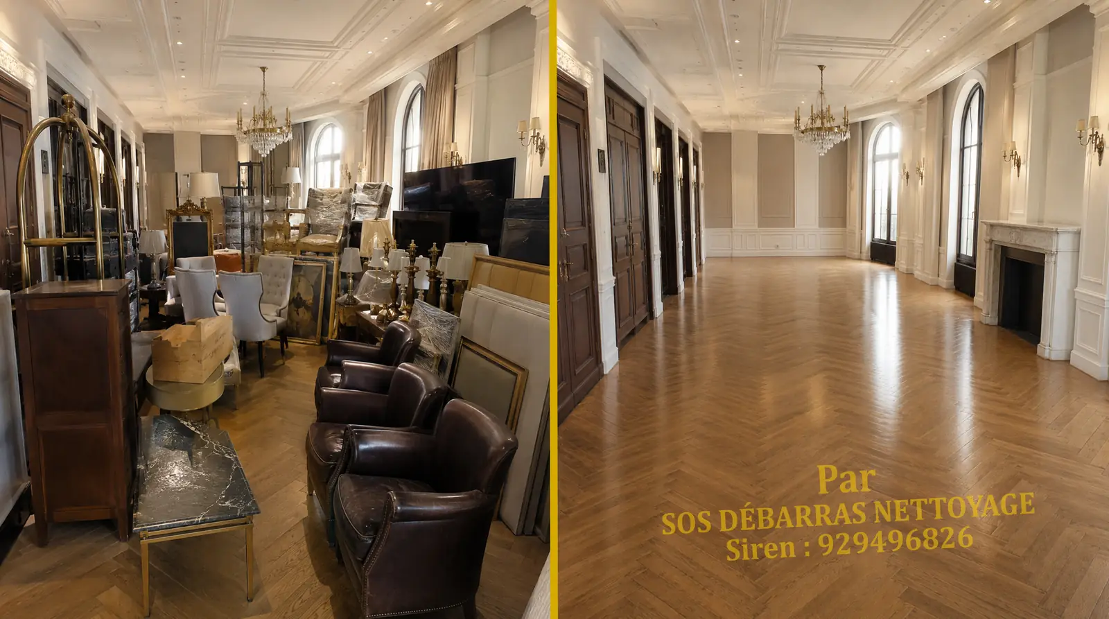 Débarras gratuit d'un grand salon haussmannien meublé, avant / après à Paris