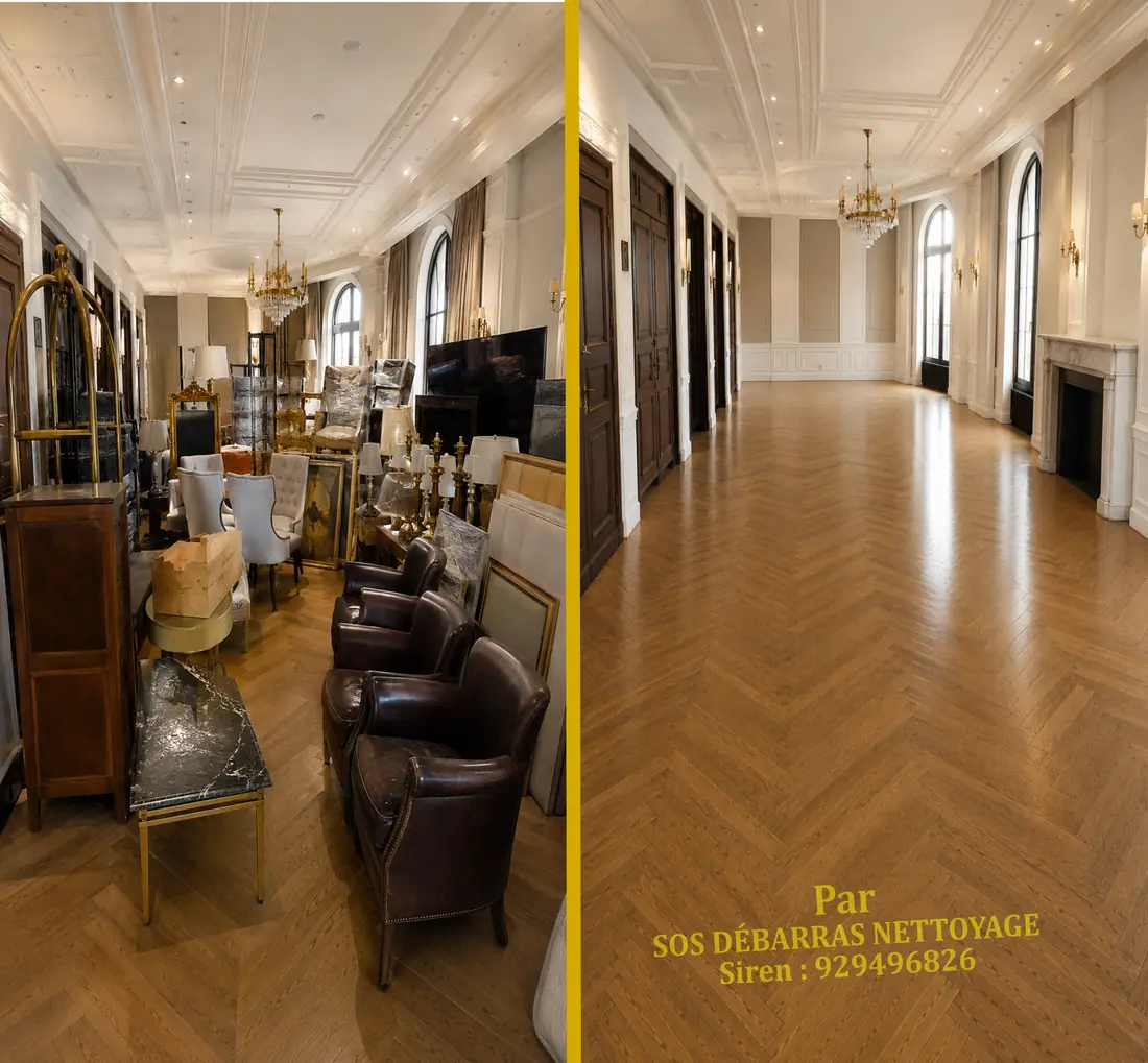 Débarras gratuit d’une grande galerie de château meublée de fauteuils club et d’objets de valeur, vidée, avant / après