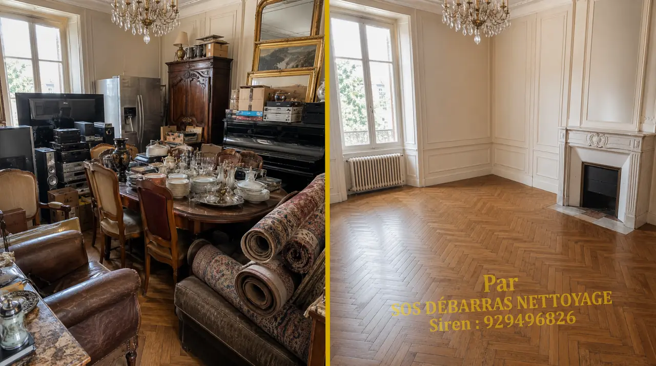 Débarras gratuit d’une salle à manger avec piano, tapis persans et service en porcelaine, avant / après