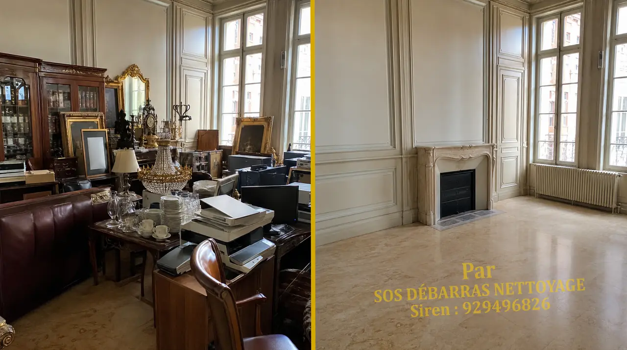 Débarras gratuit d’un cabinet bourgeois rempli d’argenterie, de bronzes et de tableaux, avant / après à Paris
