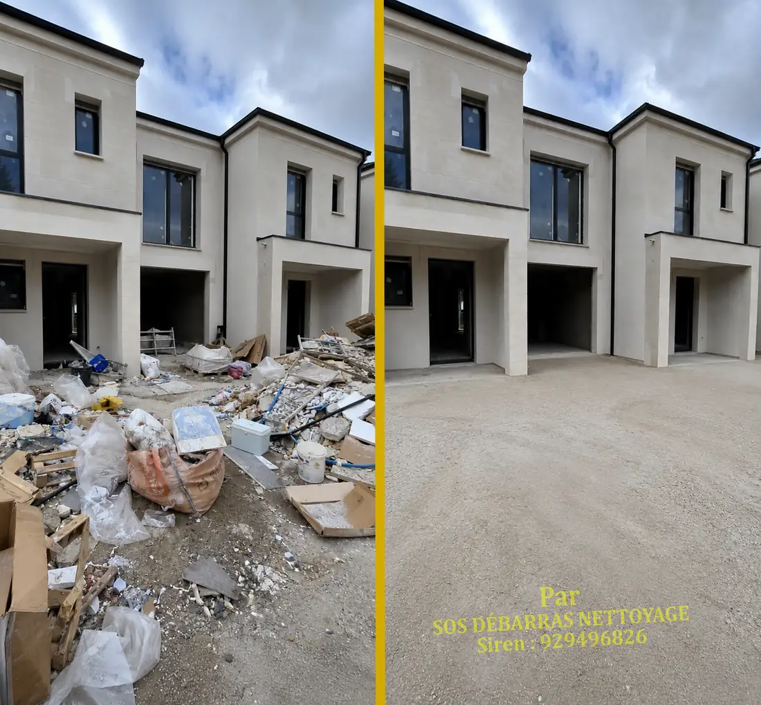 Évacuation d’encombrants et de gravats de chantier devant des maisons neuves, cour dégagée, avant / après en Île-de-France