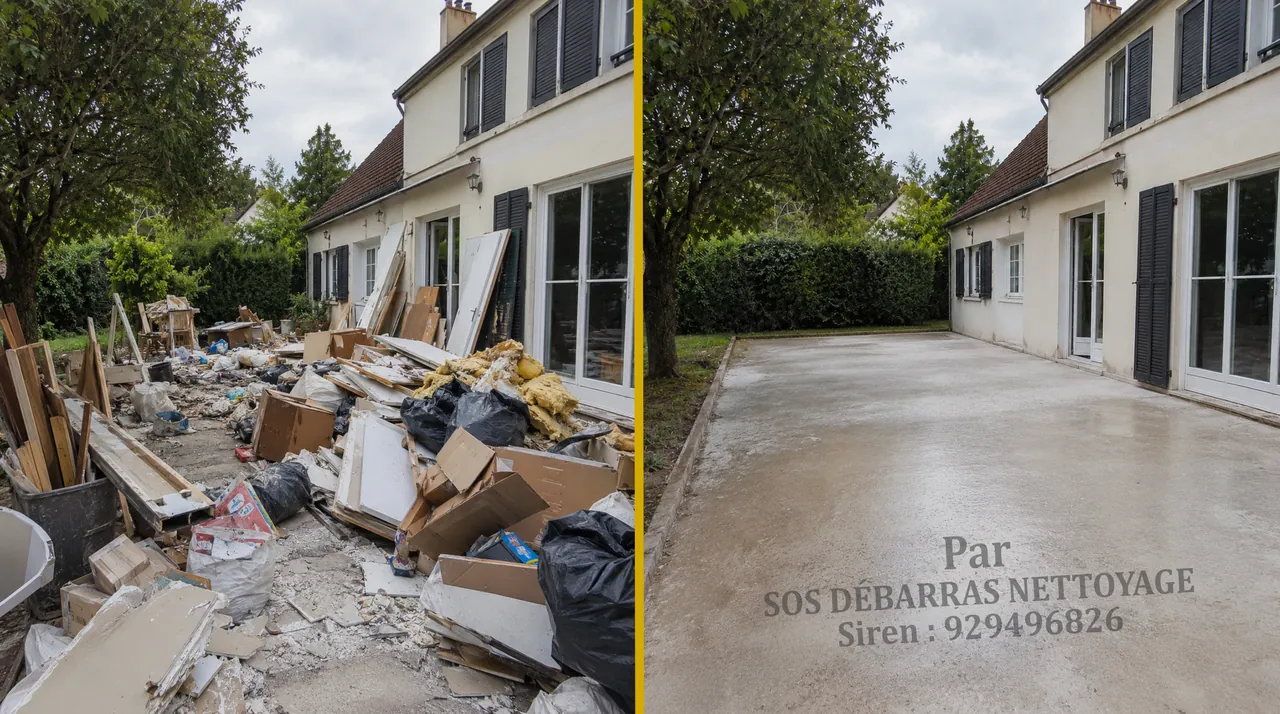 Évacuation de gravats devant une maison avant / après à Paris