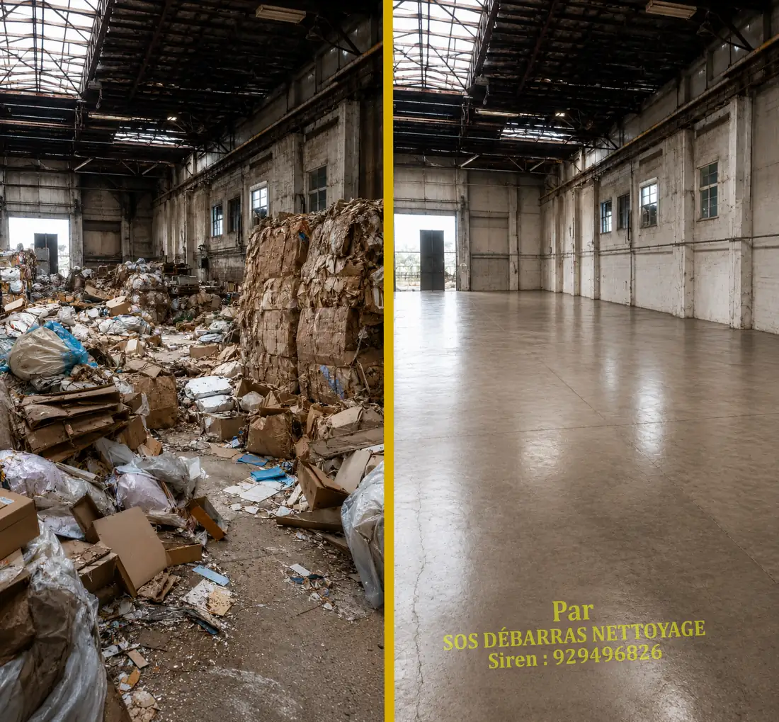 Débarras d’un entrepôt professionnel rempli de cartons et de déchets, vidé et nettoyé, avant / après en Île-de-France