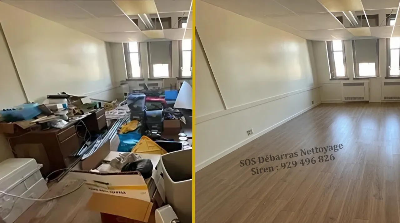 Grande pièce d'une maison entièrement vidée, avant / après