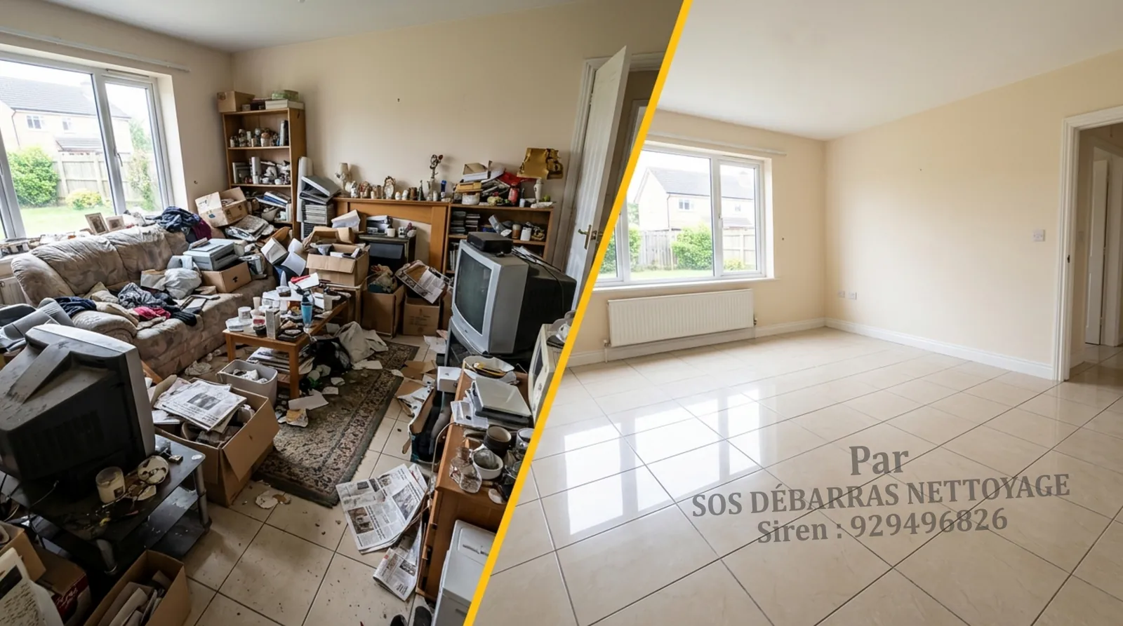 Débarras de maison en Île-de-France, séjour de pavillon vidé avant / après