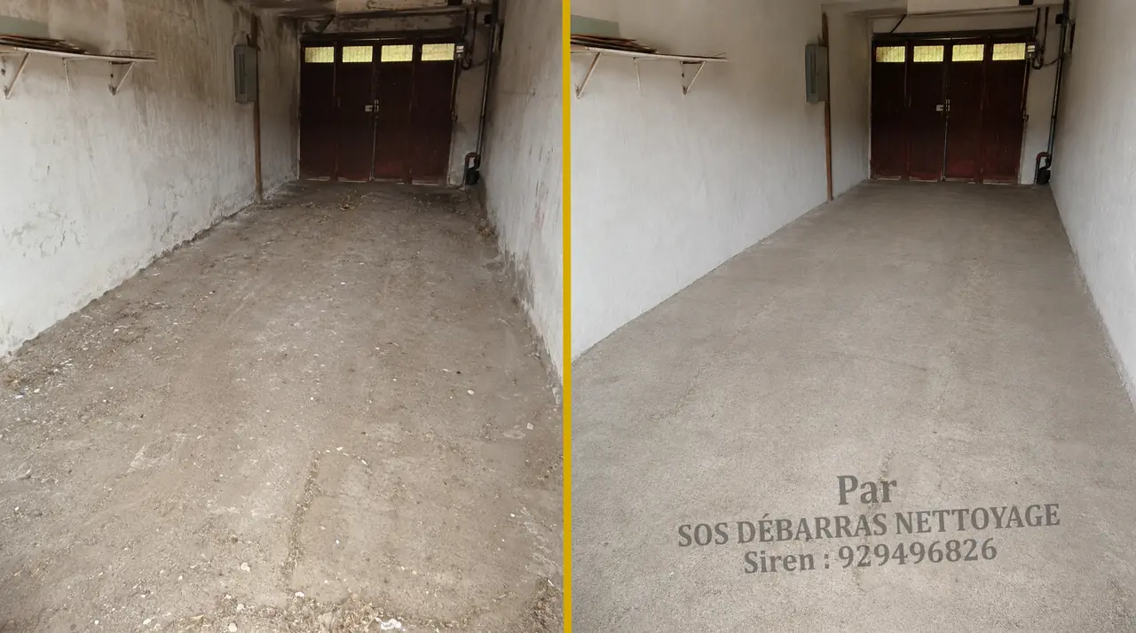 Nettoyage d’un garage après débarras, sol poussiéreux remis propre, avant / après en Île-de-France