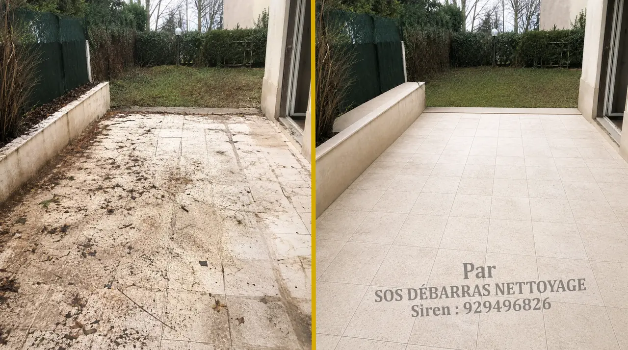 Nettoyage d’une terrasse extérieure carrelée après débarras, avant / après en Île-de-France
