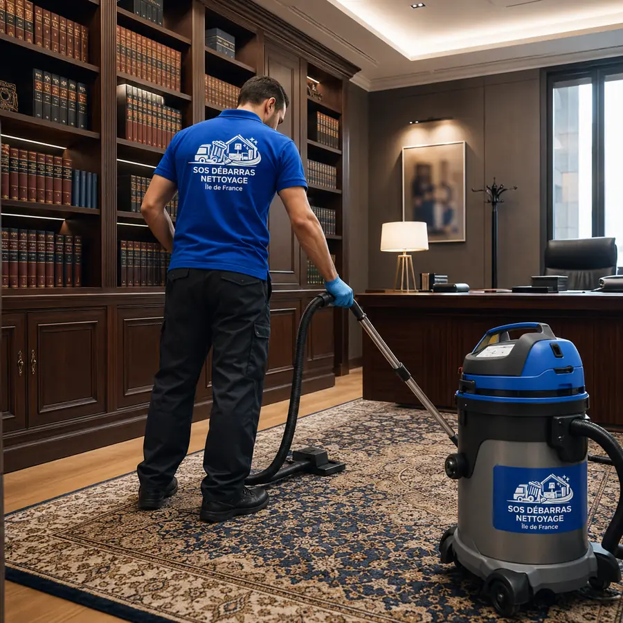 Agent SOS Débarras Nettoyage aspirant un tapis dans un bureau à Paris