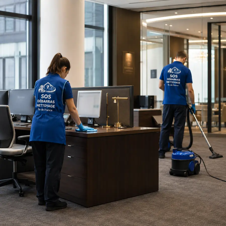 Équipe SOS Débarras Nettoyage assurant le nettoyage d'un open space de bureaux