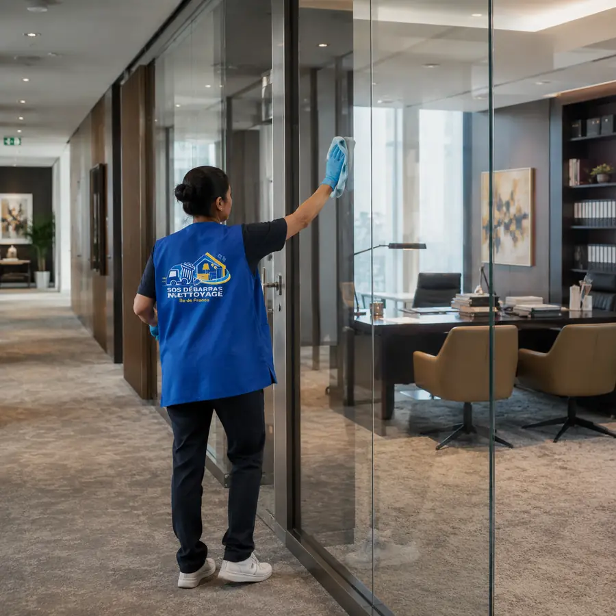 Agente SOS Débarras Nettoyage nettoyant une cloison vitrée de bureaux à Paris