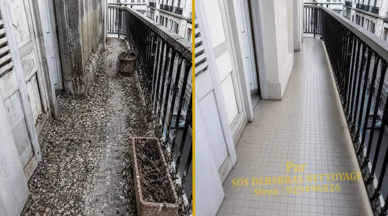 Nettoyage avant/après d'un balcon filant parisien : fientes, débris de nid et jardinières abandonnées retirés, carrelage entièrement dégagé