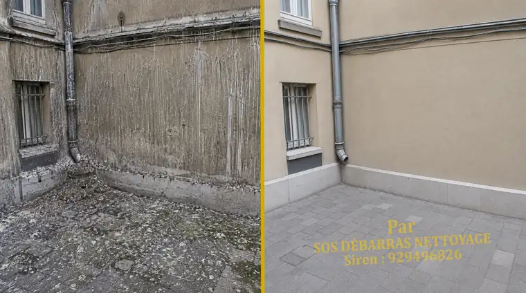 Nettoyage avant/après d'une cour d'immeuble : longues coulures de fientes sur le mur et amas au sol éliminés, façade et pavés remis en état