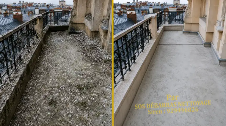 Nettoyage avant/après d'une terrasse en toiture parisienne couverte de fientes de pigeons, dalle et garde-corps rendus propres