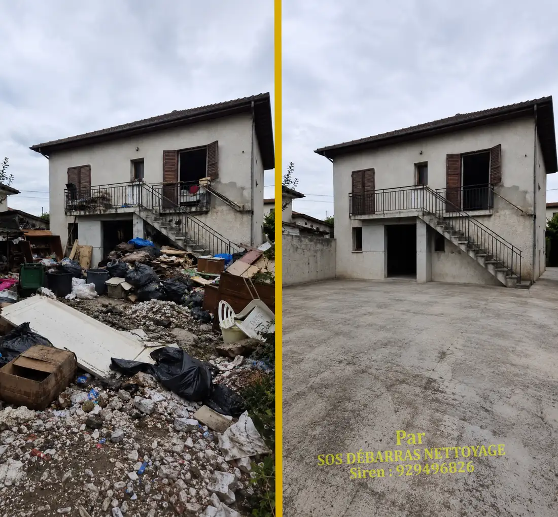 Débarras d’une maison de succession en Île-de-France : cour envahie de gravats et d’encombrants, vidée et remise en état, avant / après