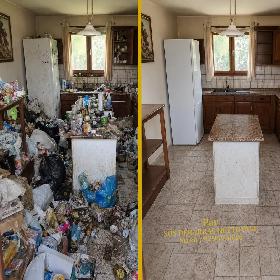 Débarras et nettoyage d’une cuisine en situation de syndrome de Diogène, avant / après en Île-de-France