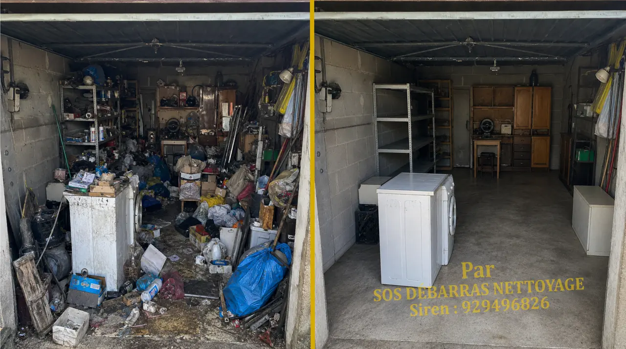 Débarras d’un garage encombré en situation de syndrome de Diogène, avant / après en Île-de-France